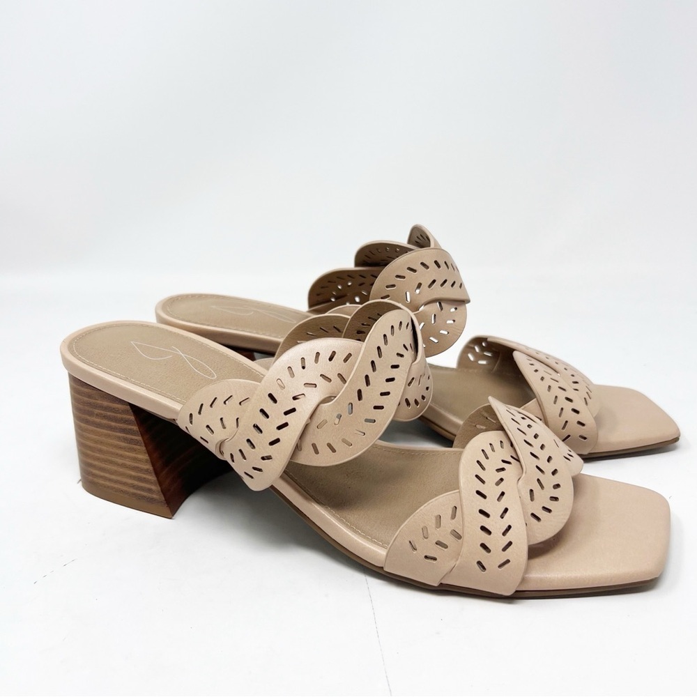 JOIE SOCIETY TAN PERFORATED STRAPPY SLIP ON BLOCK HEEL SANDALS SZ 9